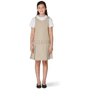 FRENCH TOAST PLEATED BELTED JUMPER - BEIGE MULTI SIZES (NEW WITH TAGS) A13
